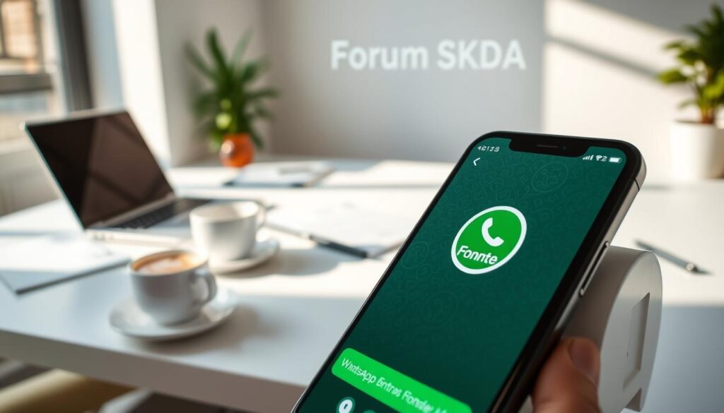 A detailed, realistic image of the WhatsApp messaging interface with the "Fonnte" branding prominently displayed. The foreground shows a smartphone screen with an open WhatsApp conversation, featuring a seamless integration of the "Fonnte" logo and user interface elements. The middle ground showcases a clean, minimalist workspace with a laptop, coffee mug, and other office accessories, reflecting a professional setting. The background subtly depicts the "Forum SKDA" logo, suggesting the integration of this application within a broader enterprise ecosystem. The lighting is soft and natural, creating a pleasant, productive atmosphere. The overall composition conveys the practical implementation of automated WhatsApp notifications and messaging within a corporate environment.