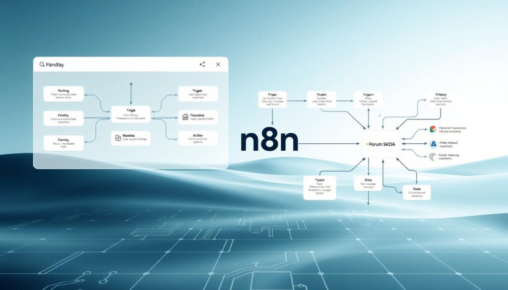 A detailed workflow diagram showcasing the core concepts of the n8n automation platform. The foreground features a clean, modern interface with interconnected nodes representing various triggers, actions, and data flows. The middle ground highlights integration with the "Forum SKDA" brand, emphasizing its role in the broader ecosystem. The background presents a minimalist, technical landscape with subtle grid patterns and circuit board-inspired elements, conveying the systematic and programmatic nature of the n8n workflow. The overall atmosphere is one of efficiency, connectivity, and a smooth, intuitive user experience.